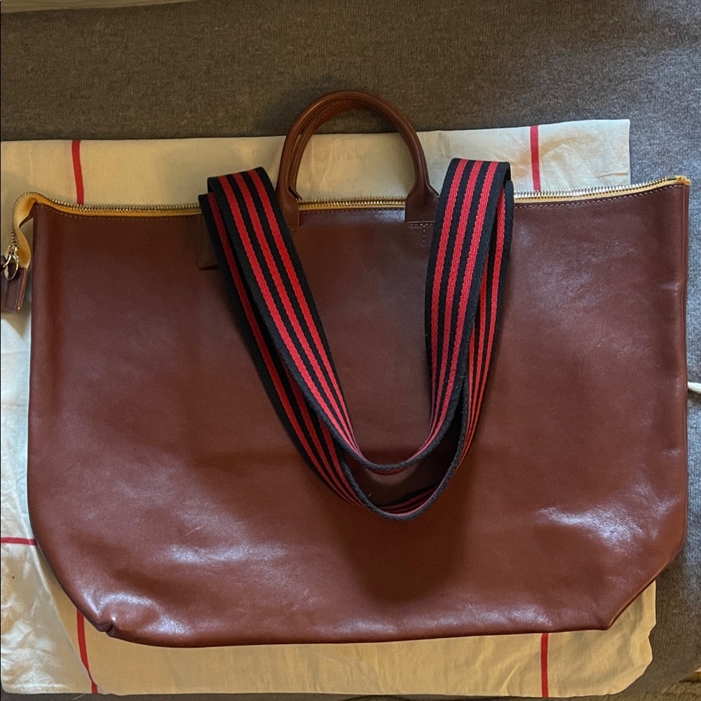 Clare V Brown Leather Tote Bag with Red and Black Strap